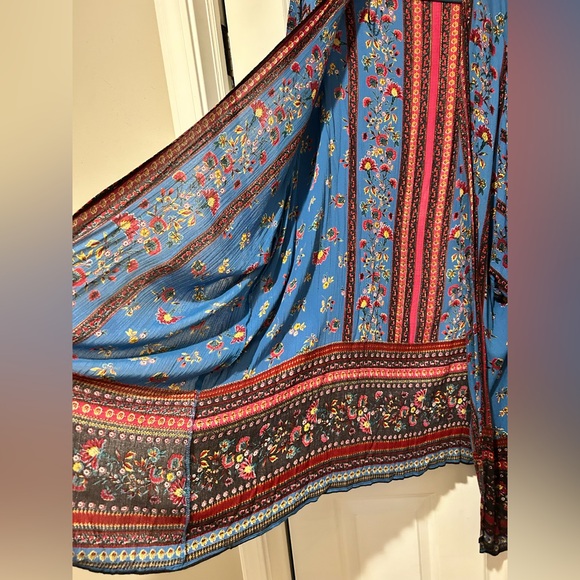 Angie Vintage Bohemian Multicolor Floral Blue Kimono Coverup Cardigan Flowy Top - Picture 7 of 14